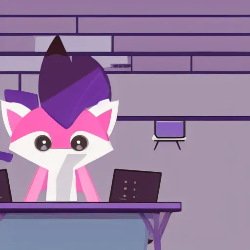 Image similar to Light pink anthropomorphic fox with purple hair typing at a computer on a desk with a coffee cup steaming next to it