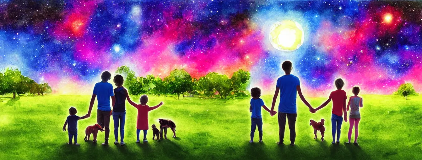 Prompt: rear view of a young couple and a kid standing in a small green planet, holding hands and a dog sitting next to them, looking to the night sky displaying an entire colorful universe, digital art, epic, colorful, highly detailed, watercolor