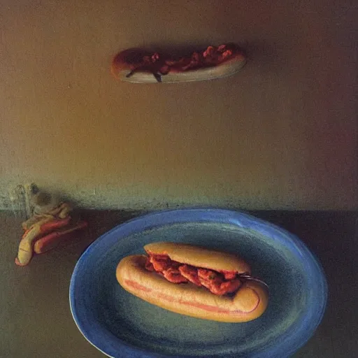 Prompt: a hotdog on a plate by beksinski, oil painting, high detail, 4 k, moody