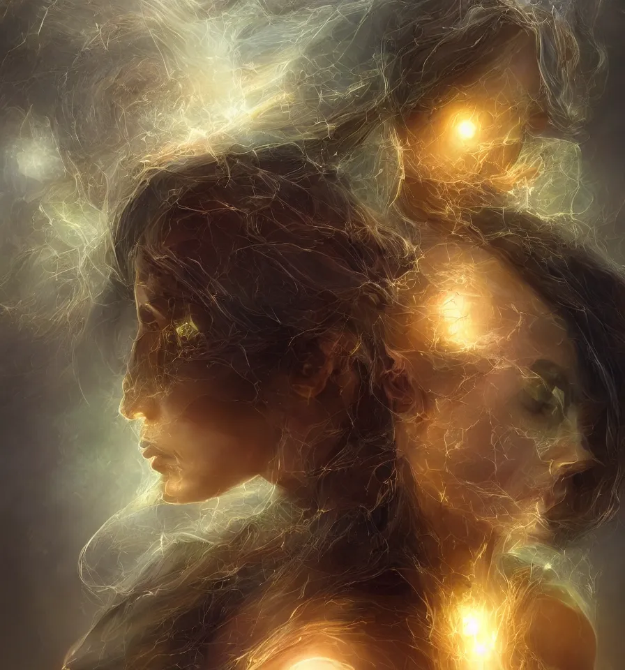 Prompt: a frontal face portrait of transparent and beautiful elegant elemental entity dissolving in to light, refractive light, caustics, backlit, incredible lighting, strong rim light, highly detailed, god rays, digital painting, HDRI, by Alvaro Castagnet, Peter Mohrbacher and Dan Mumford, vivid colors, high contrast, 8k resolution, intricate, photorealistic, smooth