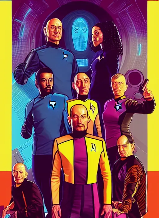 Image similar to Star Trek TNG crew portrait photo, Cyberpunk 2049, highly detailed, poster artwork by Michael Whelan and Tomer Hanuka