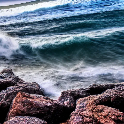 Image similar to waves crashing in on a stony beach, realistic, hdr, clear image, hdd, dynamic lighting,