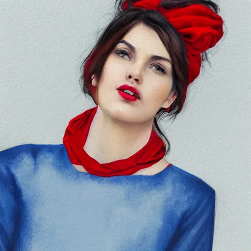 Image similar to beautiful woman wearing a red blouse, blue jeans, scarf. hyperrealistic