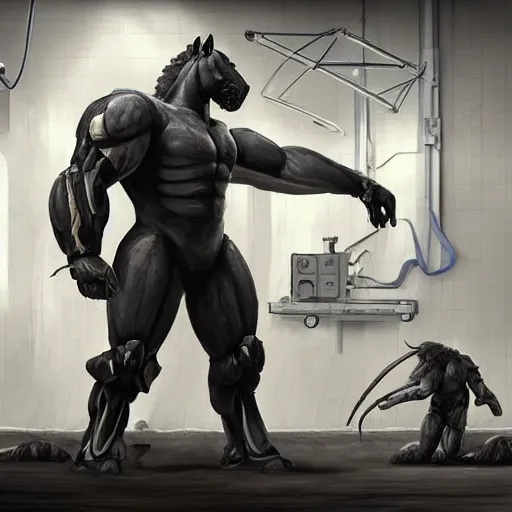 Image similar to a gigantically muscular anthro horse in a research facility wearing a skintight body armor, buff experimental supersoldier, long white mane, digitigrade legs, equine, anthro art, furaffinity, highly detailed, digital painting, artstation, concept art, illustration, art by artgerm, greg rutkowski, ruan jia