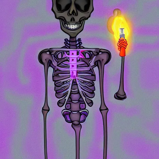 Prompt: a skeleton wearing a business suit with light purple lines on it and smoking a glowing purple cigar with glowing eyes, digital painting, portrait
