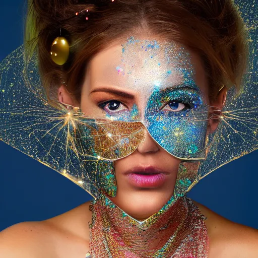 Image similar to portrait of a beautiful futuristic woman layered with high-tech jewelry wrapping around her face and head, golden-silver light with tiny blue, gold, and red gems scattered like dust