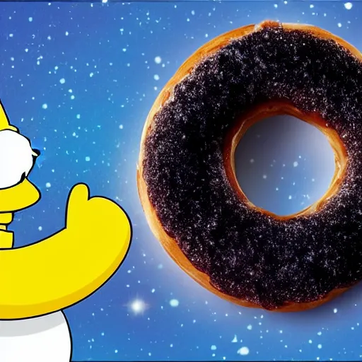 Image similar to homer simpsons eating a universe donut