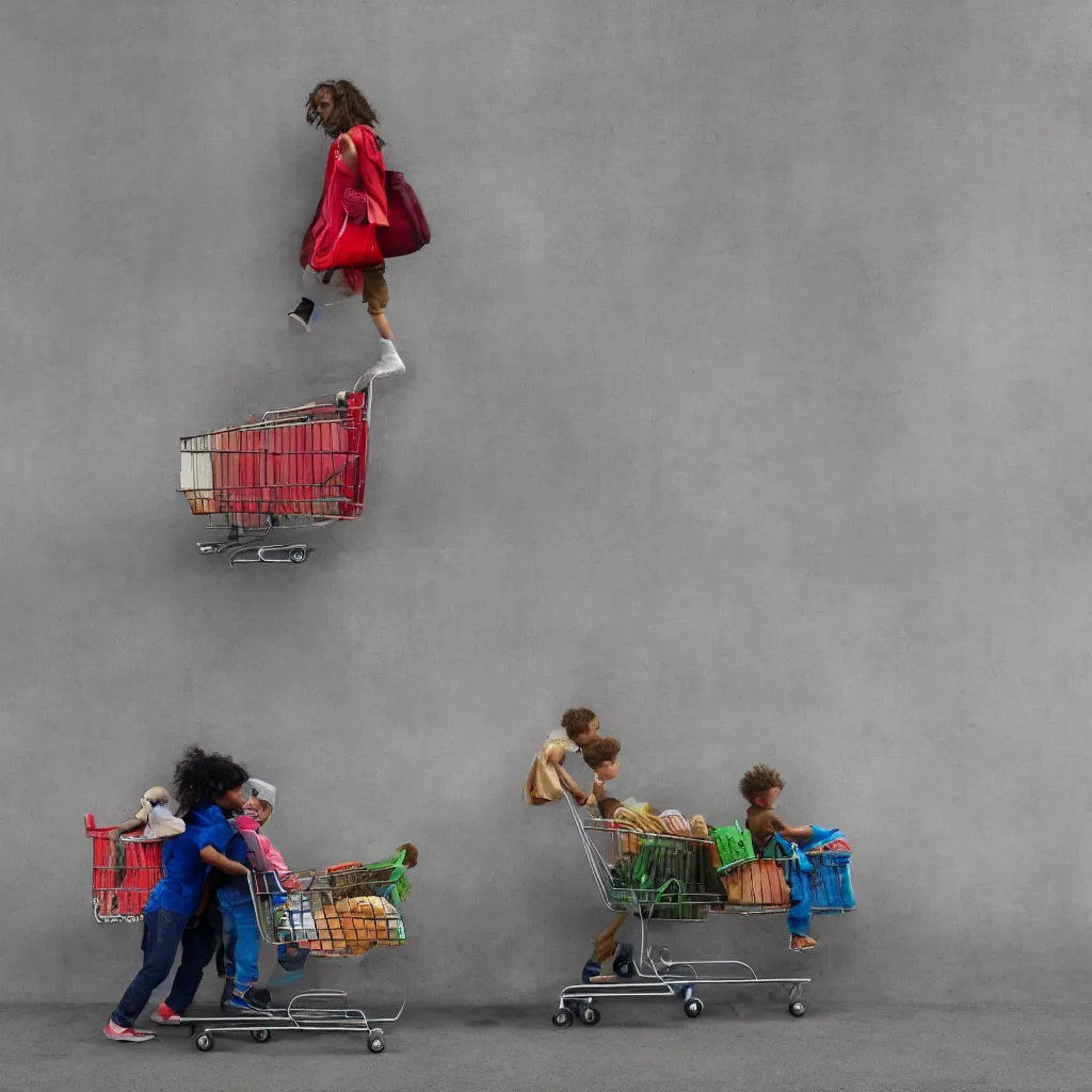 Image similar to homeless mother pushing a shopping cart with a child riding in it, in front of a blank wall, hyperrealistic