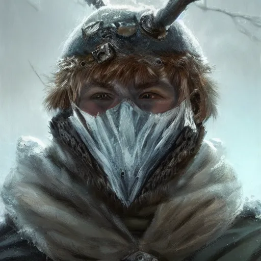 Image similar to a fantasy snow bandit from ‘ icewind dale ’ with mask, ‘ icewind dale 2 ’ profile portrait by ‘ justin sweet ’, falling snow, soft focus, illustrated, oil paint, artstation