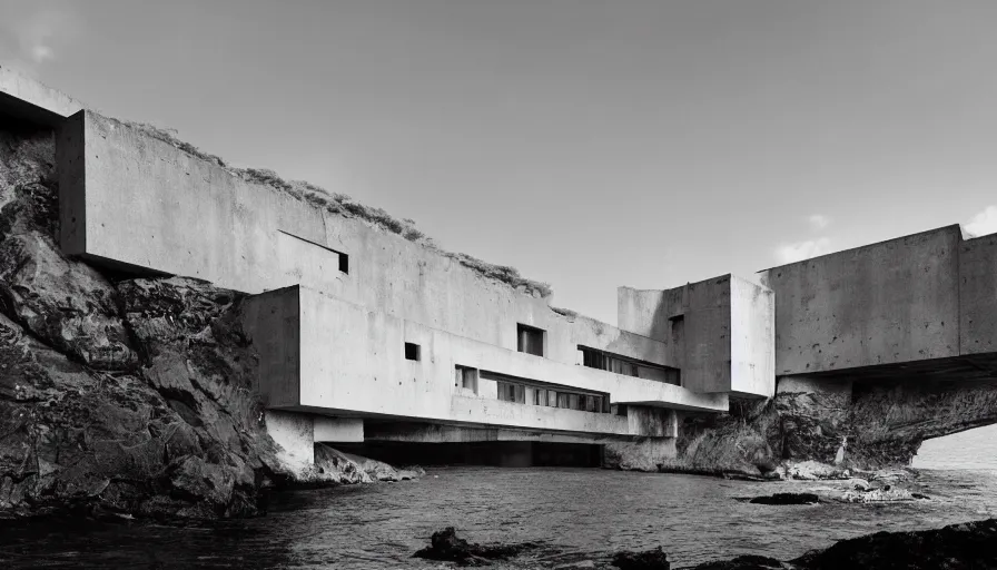 Prompt: big brutalist base perched on a cliff overlooking a magnificient bay, drawing architecture, pritzker architecture prize, greig fraser