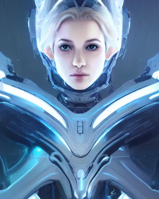 Image similar to photo of a beautiful girl on a mothership, android, warframe armor, pretty face, scifi, futuristic, galaxy, raytracing, dreamy, perfect, aura of light, pure, white hair, blue cyborg eyes, glow, insanely detailed, artstation, innocent look, art by gauthier leblanc, kazuya takahashi, huifeng huang