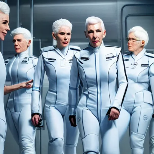 Image similar to troop of annie lennox women with white hair, white hair, tight light blue neopren suits, futuristic production facility, sci - fi, highly detailed, cinematic