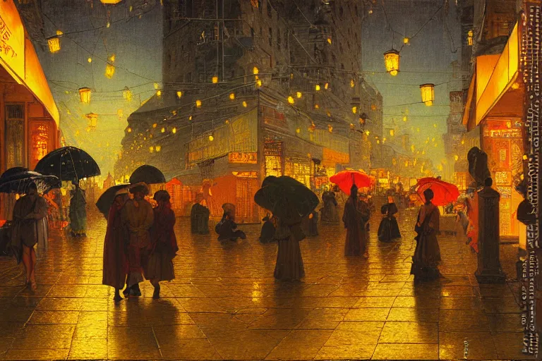 Image similar to painting of the streets of hackensack, at night, lanterns, neon, raining, romantic, by ludwig deutsch and maxfield parrish, patterned tilework, extremely detailed, cinematic lighting, smooth sharp focus