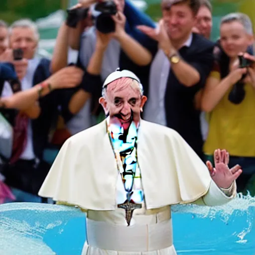 Prompt: the pope on a water slide, professional photography