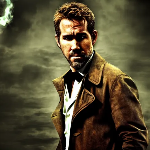 Image similar to a portrait of a Ryan Reynold as a John constantine, DC ,Grim fantasy, superheroes , HDR, natural light, shoulder level shot, dynamic pose, award winning photograph, Mucha style 4k,