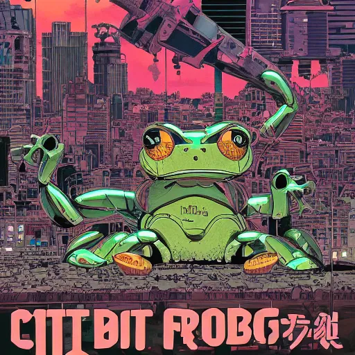 Prompt: huge frog robot devastating the city, by yoichi hatakenaka, masamune shirow, josan gonzales and dan mumford