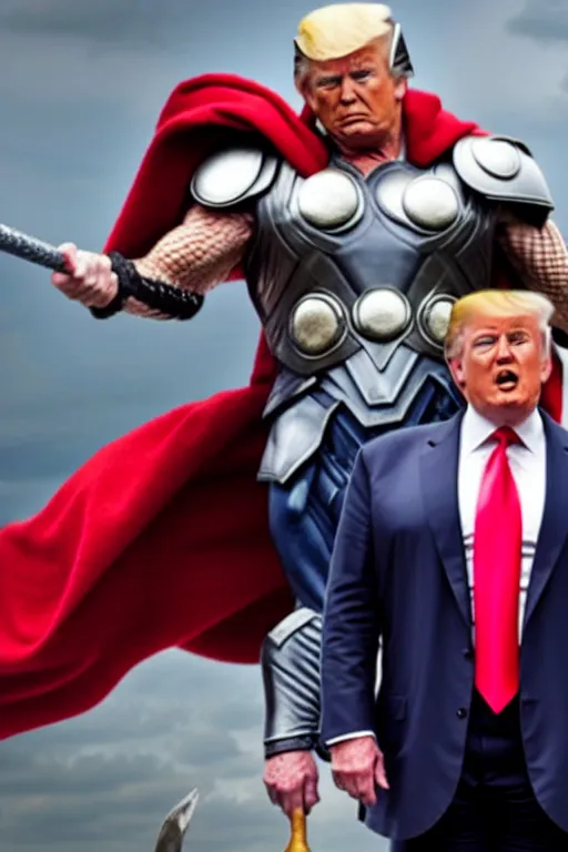 Image similar to donald trump as thor, wielding hammer, ready for battle, movie still