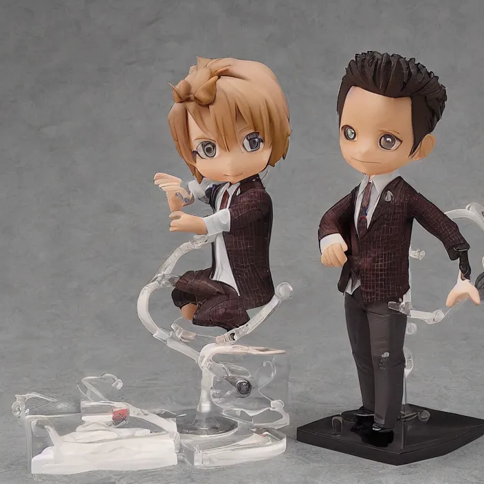 Image similar to a anime nendoroid of elon musk wear giorgio armani suits and black shoe, car tesla 3, figurine, smile, product photo, detailed