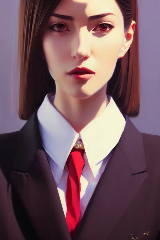 Image similar to a ultradetailed beautiful panting of a stylish woman wearing a oversized suit with a tie, oil painting, by ilya kuvshinov, greg rutkowski and makoto shinkai, trending on artstation