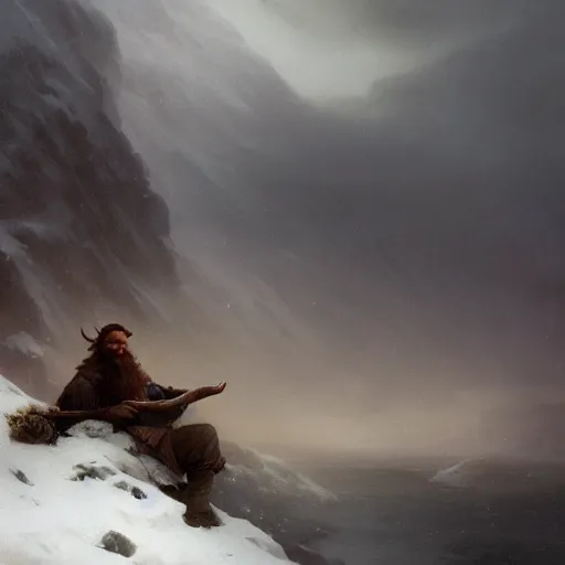 Prompt: epic portrait an male viking eating loaf of bread, winter, blizzardy weather, mountains backround, long blonde beard, snowy hair, broad light, ambient occlusion, volumetric light effect, made by ivan aivazovsky, peter mohrbacher, greg rutkowski, matte painting, trending on artstation, 4 k, perfectly defined features, digital painting,