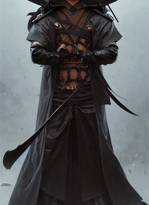 Image similar to portrait of an Japanese warrior, muscular, black leather robes! intricate, elegant, highly detailed, digital painting, artstation, concept art, smooth, sharp focus, illustration, art by artgerm and greg rutkowski and alphonse mucha