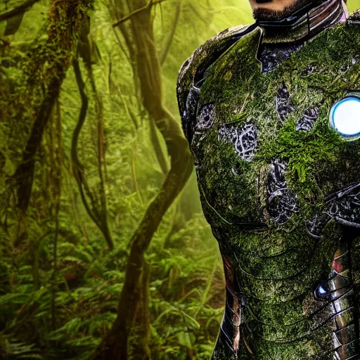 Image similar to overgrown iron man suit covered in moss and vines, 4k realistic photo