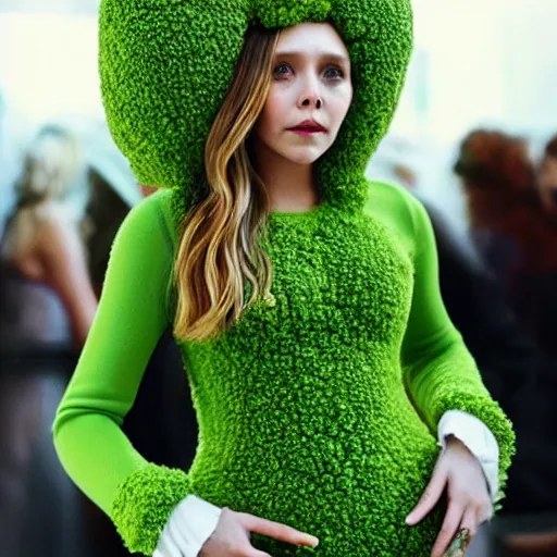 Prompt: elizabeth olsen has [ [ wearing a broccoli outfit ] ]!!, trending on cgsociety, 4 k quality, intricate