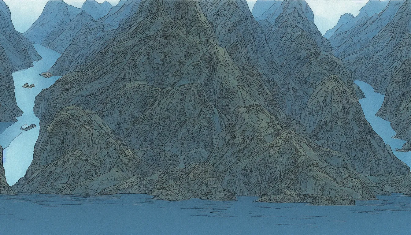 Image similar to epic fjords by moebius