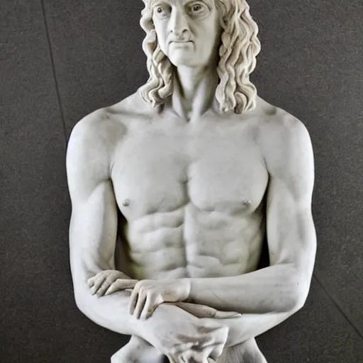 Image similar to epic greek marble statue of a thin tall man, shaved, with very long hair, coding on a laptop