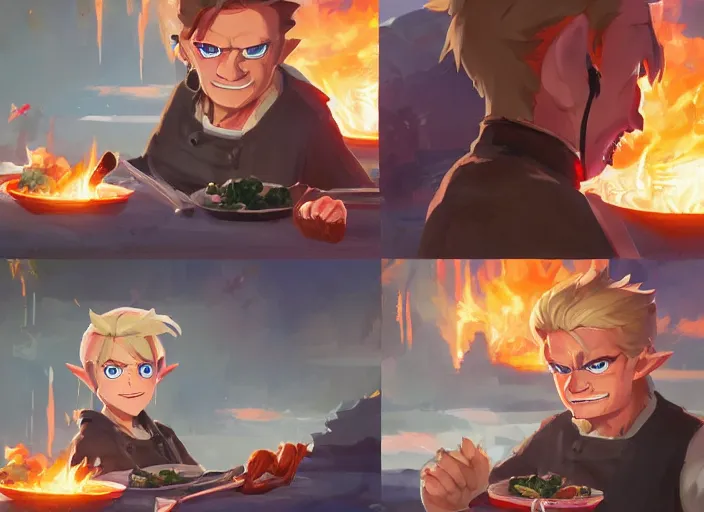 Prompt: gordon ramsey yelling screaming at link with a scared expression from zelda for cooking burnt food in the style of breath of the wild, artstation, krenz cushart, makoto shinkai