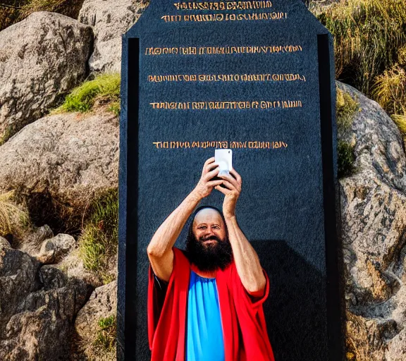 Prompt: biblical moses taking a selfie with the ten commandments on a mountain XF IQ4, 150MP, 50mm, F1.4, ISO 200, 1/160s, natural light