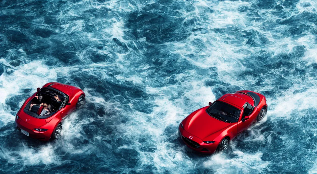 Prompt: mazda miata driving ontop of the ocean, realistic, detailed, contrast, 4 k