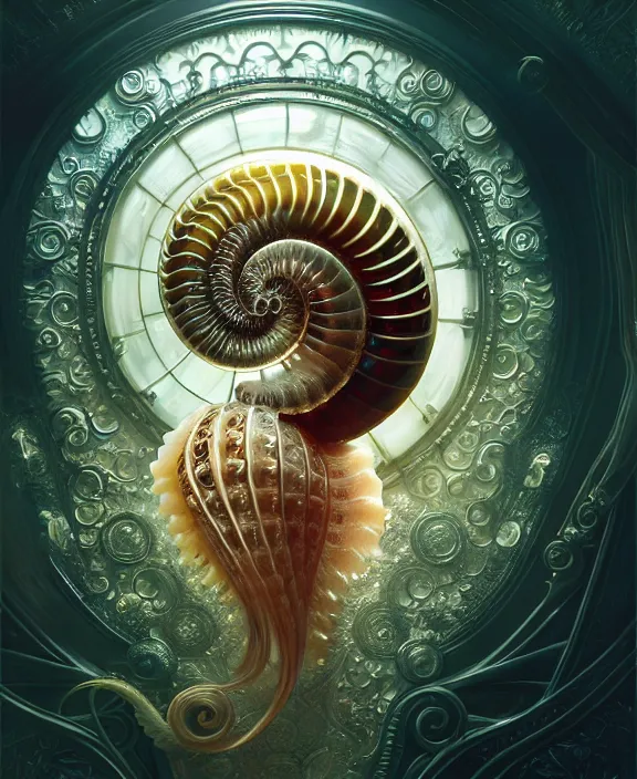 Image similar to intricate ornate opulent transparent clear see - through portrait of a horrific beautiful alien nautilus, mottled coloring, adorable, childlike, pastoral environment, ultra realistic, concept art, art nouveau, photorealistic, octane render, 8 k, unreal engine. art by christopher marley and artgerm and greg rutkowski and alphonse mucha