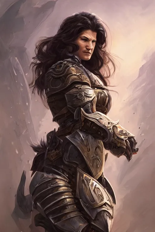 Prompt: a finely detailed portrait of Gina Carano, clothed in battle armor, olive skin, long dark hair, intricate, elegant, digital painting, trending on Artstation, concept art, smooth, sharp focus, illustration, from World of Warcraft, by Ruan Jia and Mandy Jurgens and Artgerm and william-adolphe bouguerea, award winning