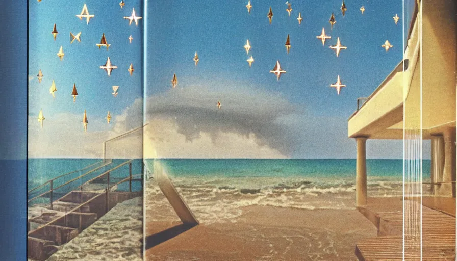 Image similar to A 1985 vintage magazine architecture photo of stairs, mediterranean architecture, refracted lines and sparkles, thunderstorm outside, beach on the background major arcana sky and occult symbols, hyperrealistic, award-winning, 1985