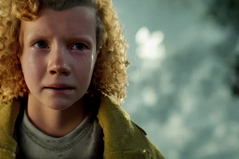 Image similar to Eleven looking down to Hawkins, happy after a long fight, photo-realistic, golden hour, epic