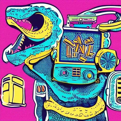 Prompt: memphis design, retro, 90s, detailed illustration, dinosaur samurai with a boombox