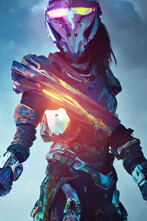 Image similar to combination suit armor aloy horizon forbidden west horizon zero dawn radiating a glowing aura global illumination ray tracing hdr fanart arstation by ian pesty and alena aenami artworks in 4 k tribal robot ninja mask helmet backpack