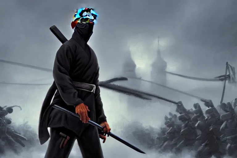 Image similar to obama in ninja outfit, with 2 katanas, outside the kremlin, close up, wearing all black, intense eyes, artstation, apocalyptic, intricate, beautiful, cinematic, octane render, arnold render, 8k, hyperrealism, detailed, sharp focus, 4k uhd, masterpiece, award winning, painting by Ivan Aivazovsky and Greg Rutkowski