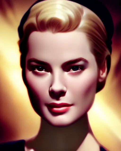 Image similar to photo of grace kelly, film still, dslr, by greg rutkowski, enoch bolles, ross tran, artgerm, wlop glossy skin, pearlescent, very coherent, cute