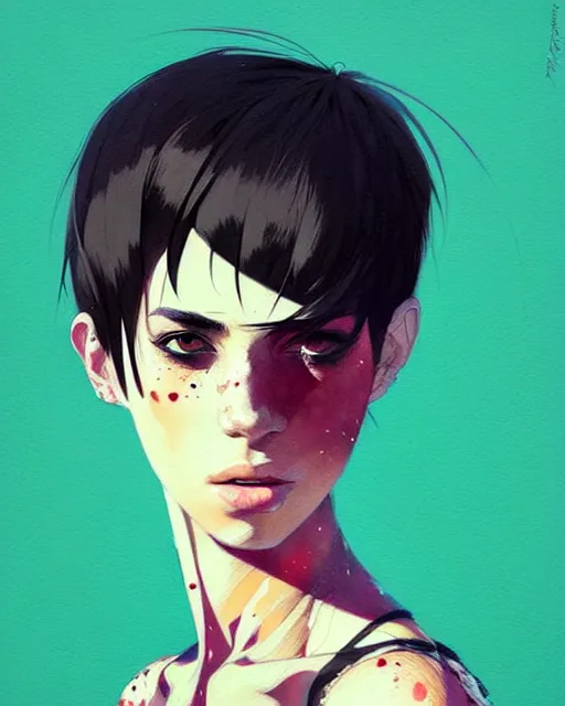 Image similar to a ultradetailed beautiful portrait painting of a stylish woman with short hair, she is wearing a black tank top and jeans, by conrad roset, greg rutkowski and makoto shinkai trending on artstation