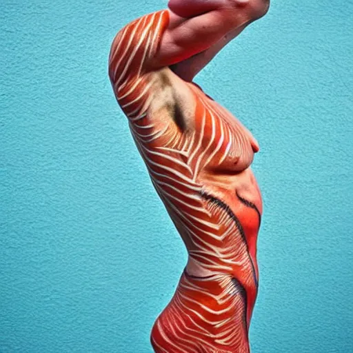 Image similar to salmon body paint human form detailed photography