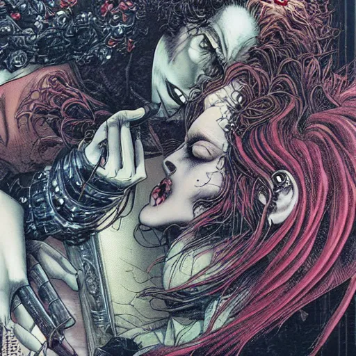 Image similar to closeup of vampire kiss, wax, by yoichi hatakenaka, masamune shirow, josan gonzales and dan mumford, ayami kojima, takato yamamoto, karol bak