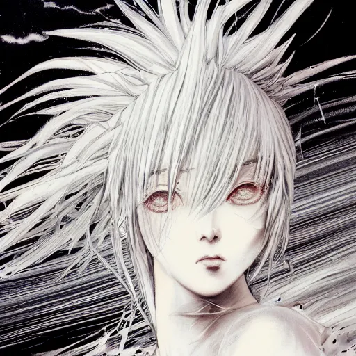 Image similar to Yoshitaka Amano realistic illustration of an anime girl with white hair and cracks on her face wearing dress suit with tie fluttering in the wind, abstract black and white patterns on the background, noisy film grain effect, highly detailed, Renaissance oil painting, weird portrait angle