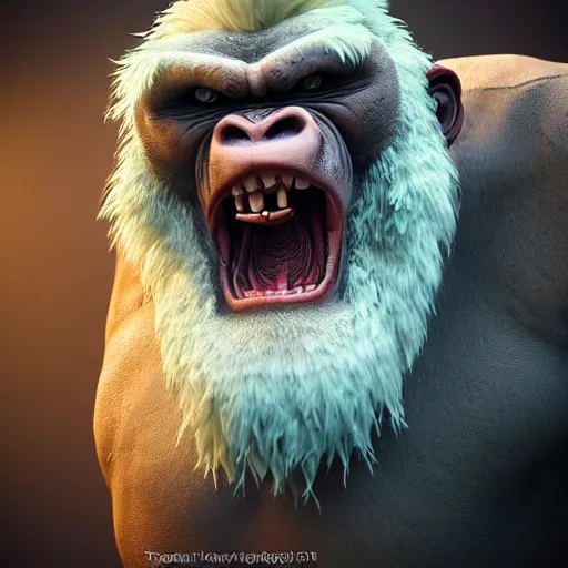 Prompt: angry tough albino gorilla, punk gorilla with mohawk hair. interesting 3 d character concept by tiger hkn and gediminas pranckevicius, game art, hyper detailed, character modeling, cinematic, final fantasy, video game character concept, ray tracing, fur details, maya, c 4 d