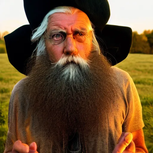 Prompt: scowling angry old wizard with a long white beard casting a spell, Tones of Black in Background, Golden Hour, Field of View, 2 Megapixels, 4-Dimensional