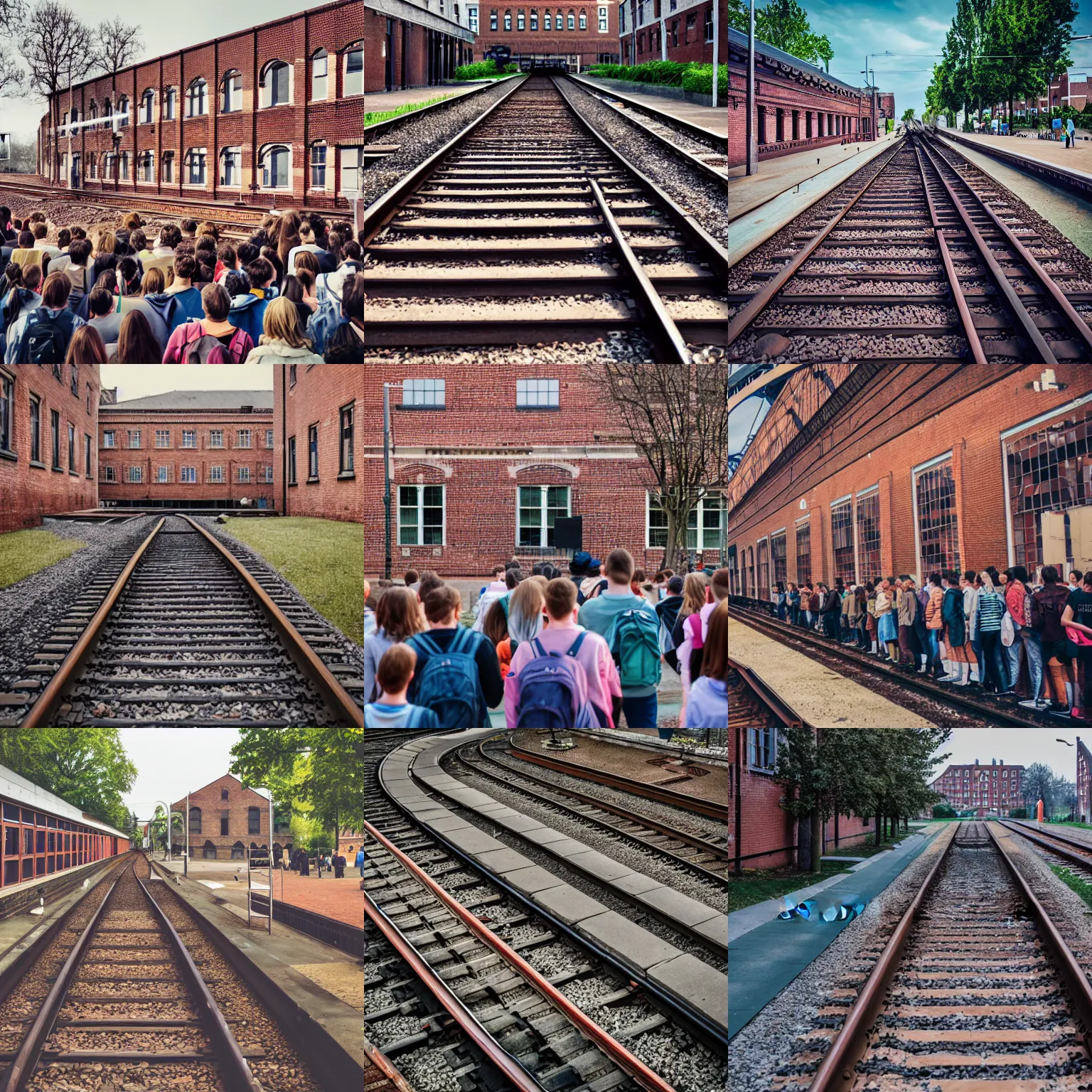 Prompt: an old brick high school with a train track going through it, crowds of students watching - stock image, a stock photo by schelte a bolswert, shutterstock, symbolism, stockphoto, colorized, stock photo