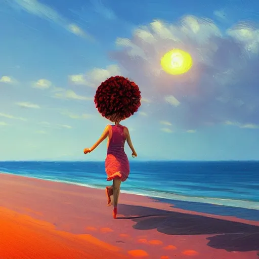 Image similar to portrait, giant rose flower head, girl running at the beach, surreal photography, sunrise, blue sky, dramatic light, impressionist painting, digital painting, artstation, simon stalenhag