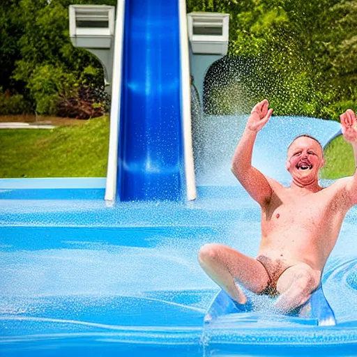 Prompt: a priest on a water slide, laughing, professional photography