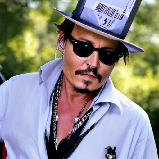 Prompt: johnny depp his as a mailman delivering the mail